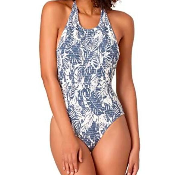 Anne Cole Coastal Beachy High Neck Smocked front Open back one piece size 14 - Picture 1 of 7